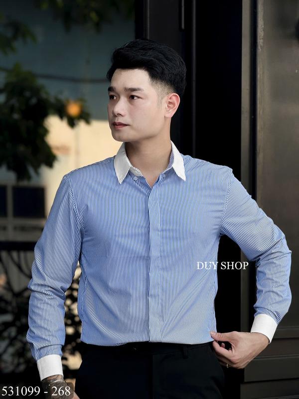 [DS4-228] Sơ mi thiết kế sang trọng kẻ dọc xanh, ghi cổ trắng cúc big size đến 100kg [Duy Shop] Áo  Nam Menswear