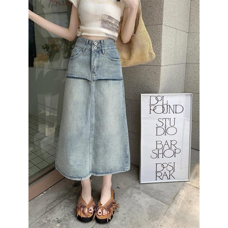 Chân váy jeans nữ cạp cao chữ A dáng dài , chân váy demin phối 2 túi trước phong cách Ulzzang hottrend KoKo CVD57   KoKo Store Women