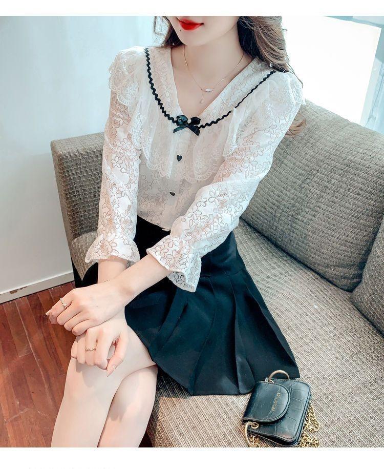 Product Introduction of Áo Sơ Mi Dài Tay Ren Nơ Cổ Chữ V, Thiết Kế Xinh Xắn, Áo Dễ Phối Đồ Sang Trọng Độc Đáo Dành Cho Nữ, Hàng Mới Về Đầu Mùa Thu 2022 Women Top Shirt 14