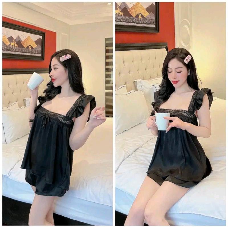 Đồ Bộ Mặc Nhà Nữ - Combo 3 Bộ Quần Đùi Áo Cánh Tiên Phối Ren Vải Phi Lụa Kiểu Dáng Dễ Thương Form Dưới 60kg Trơn Women Đen ngủ Nhung Tua Rua