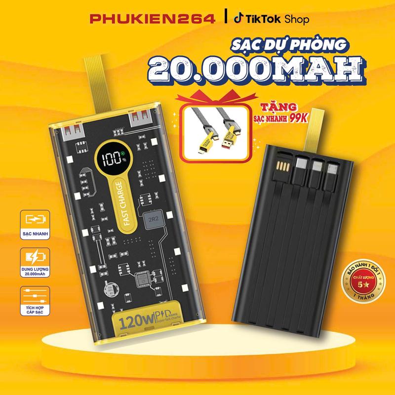 (Tặng cáp 4in1 ) Sạc Pin dự phòng 20000mah và 30000mah Trong suốt với Cổng sạc nhanh 22,5w Kèm 4 đầu sạc, màn hình trong suốt, có 10 led 4 cấp độ sáng lỗi 1 đổi 1 trong vòng 30 ngày