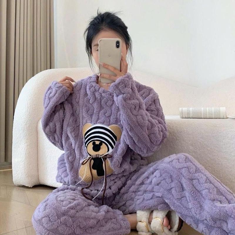 Qc (mã mới) Bộ ngủ lông xoăn GẤU mũ 6 màu An nhiên shop mùa đông Women Nữ - bộ Áo lông Ann Nhiên 0