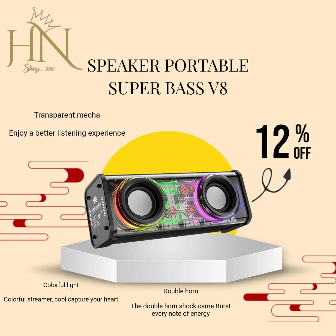 V8 speaker transparan suara ganda, pengeras suara RGB portabel Bluetooth Bass Subwoofer Audio nirkabel