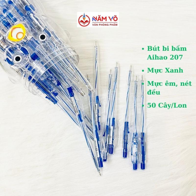 [LON GẤU] LON 50 Cây Bút Bi / Viết Bi Đầu Bấm Mực khô Aihao 027 / 207 / TL027 Mực Xanh Ngòi 0.7mm, Chất Lượng Tốt, Lon Hình Gấu bút  bi