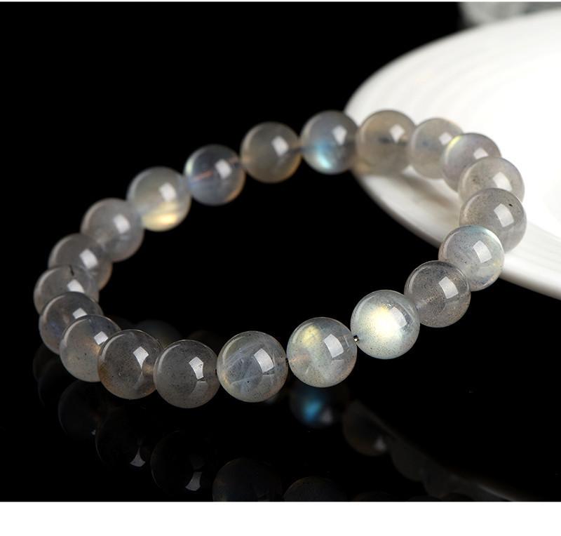 Product Introduction of Crystal Natural Moonstone Loose Beads Bracelet Net Body Color Light Gray Moonlight Labradorite round Beads Bracelet 17