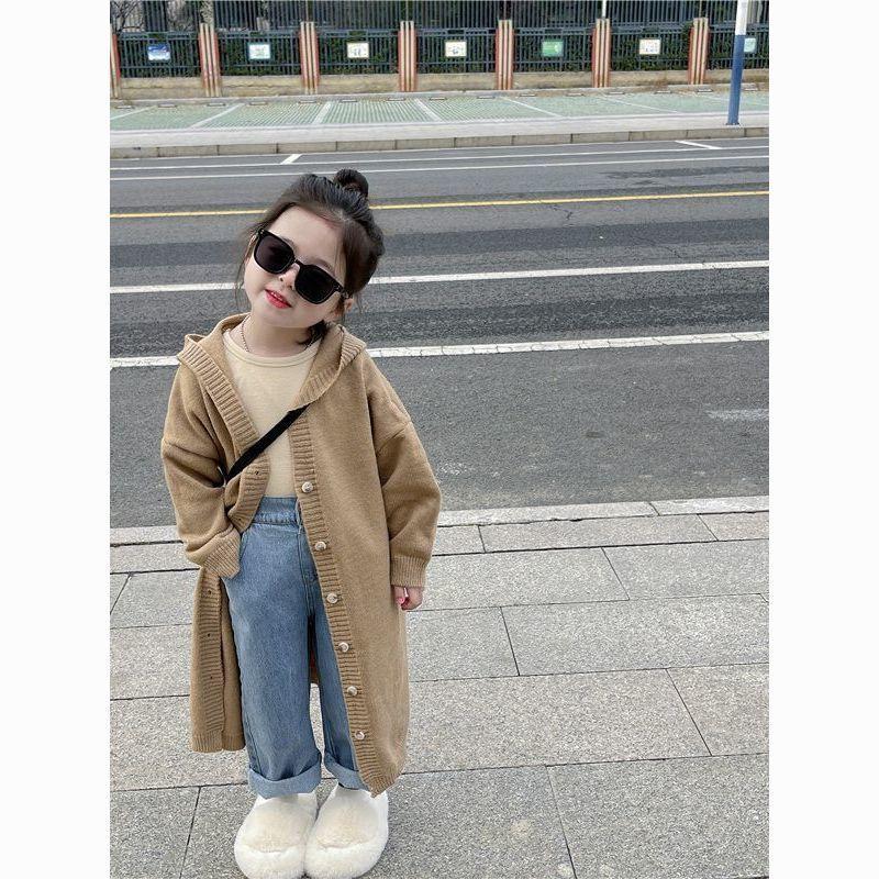 Áo Dệt Kim Phong Cách Lười Biếng Cho Bé Gái, Áo Len Nhung Andy Dài Trung Bình Qua Đầu Gối Dáng Rộng Hàn Quốc, Áo Khoác Trẻ Em