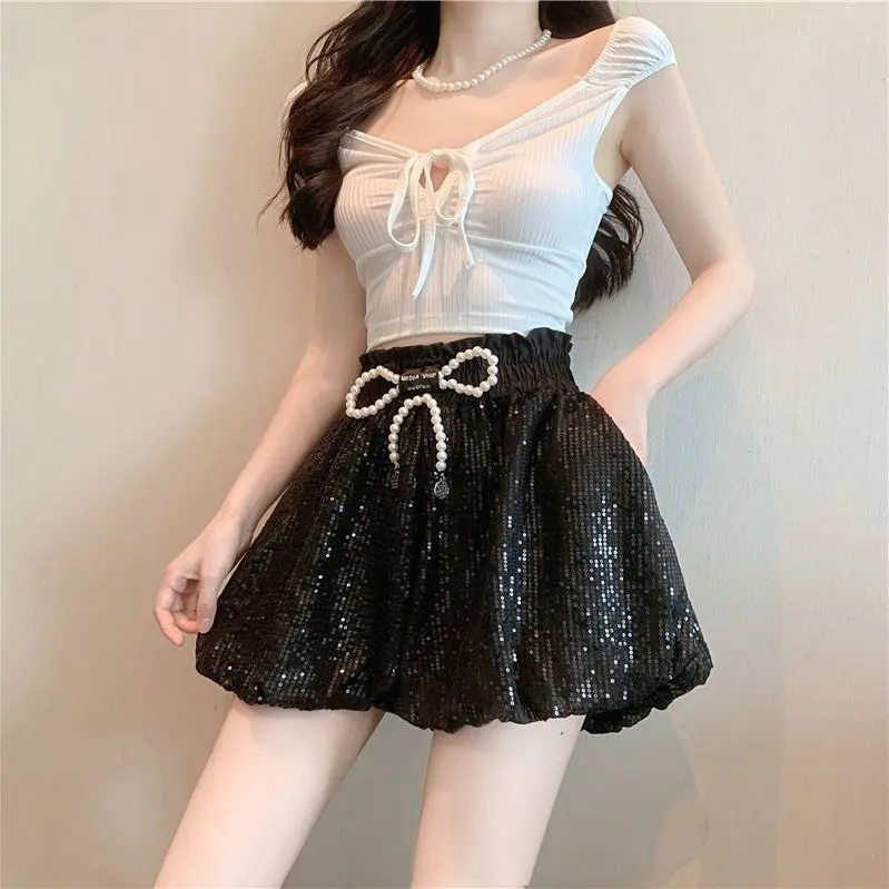 Quần Dáng Rộng Eo Thêu Kim Sa, Quần Ống Rộng, Dành Cho Nữ, Bó Sát, Bộ Sưu Tập Mùa Hè 2024, Dễ Phối Đồ, Quần Đùi Bloomers Đi Chơi Thời Trang