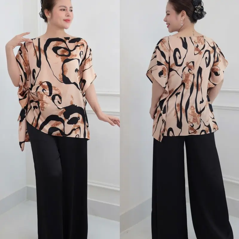 ( Hàng Cao Cấp ) Set Đồ bộ trung niên cách điệu, đồ bộ cho mẹ,áo kiểu, quần dài ống rộng , chất lụa lattin cao cấp CC36 Nữ Women Ong Top Voi Jacket Polo 4