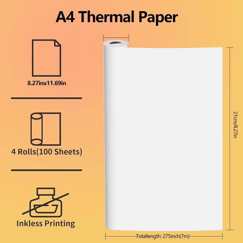 A4 Thermal Printer Paper, 1/4 Rolls or 100 Sheets Multi-purpose Document File Home & Office Thermal Paper, Compatible with M08F/A40/PD-A4 Thermal Printer 2