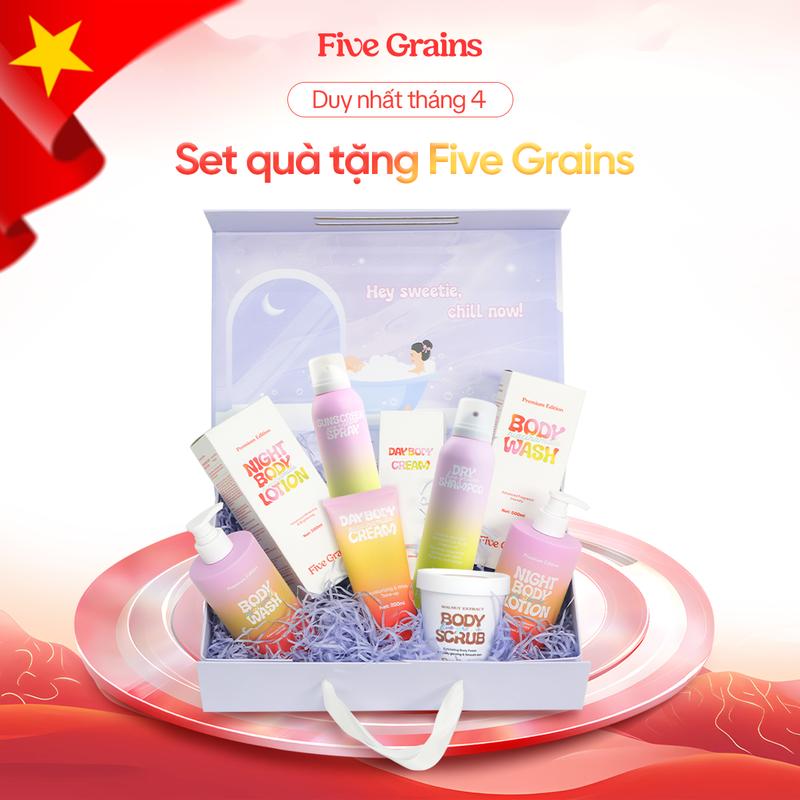 Set quà yêu thương Five Grains (sữa tắm/kem dưỡng/xịt chống nắng/dầu gội khô/tẩy tế bào chết)