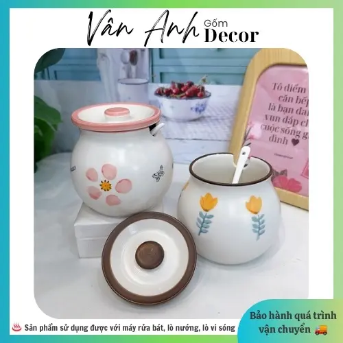 Âu mỡ bằng sứ, hũ sứ đựng gia vị mini, âu sứ có nắp và thìa, thố sứ có nắp xinh xắn tặng kèm thìa sứ