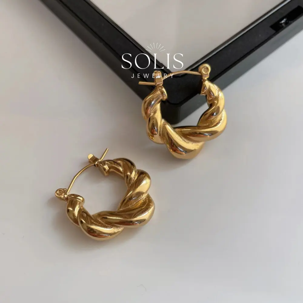 Braided Twisted Chunky Hoop Earrings • 18K Gold Plated 316L Stainless Titanium Steel Huggies Statement Earring For Women Solis Jewelry
