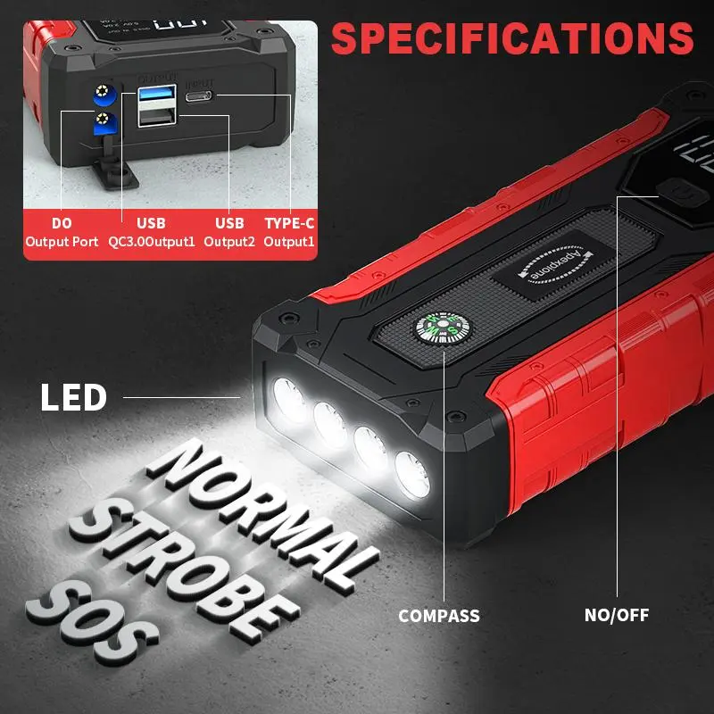 12V High-current Portable Jump Starter Kit, Car Battery Jump Power Pack, USB Fast Charging, Built-in LED Light, Compass Included, Battery Storage Box 6