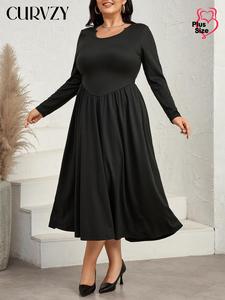 CURVZY Plus Size Solid Plicated Round Neck A Line Dress, Elegant Long Sleeve Dress for Party Holiday Wedding Guest, Women's Clothes for All Seasons