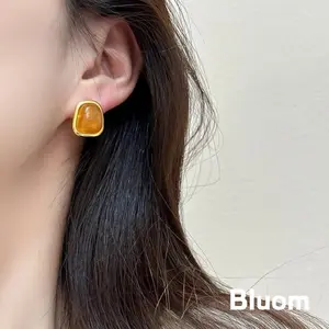 [Bluom] Anting Bentuk Geometri Tak Teratur Bingkai Emas Material Amber Dan Beige Retro Sederhana Fashion Mudah Dipadankan Z205
