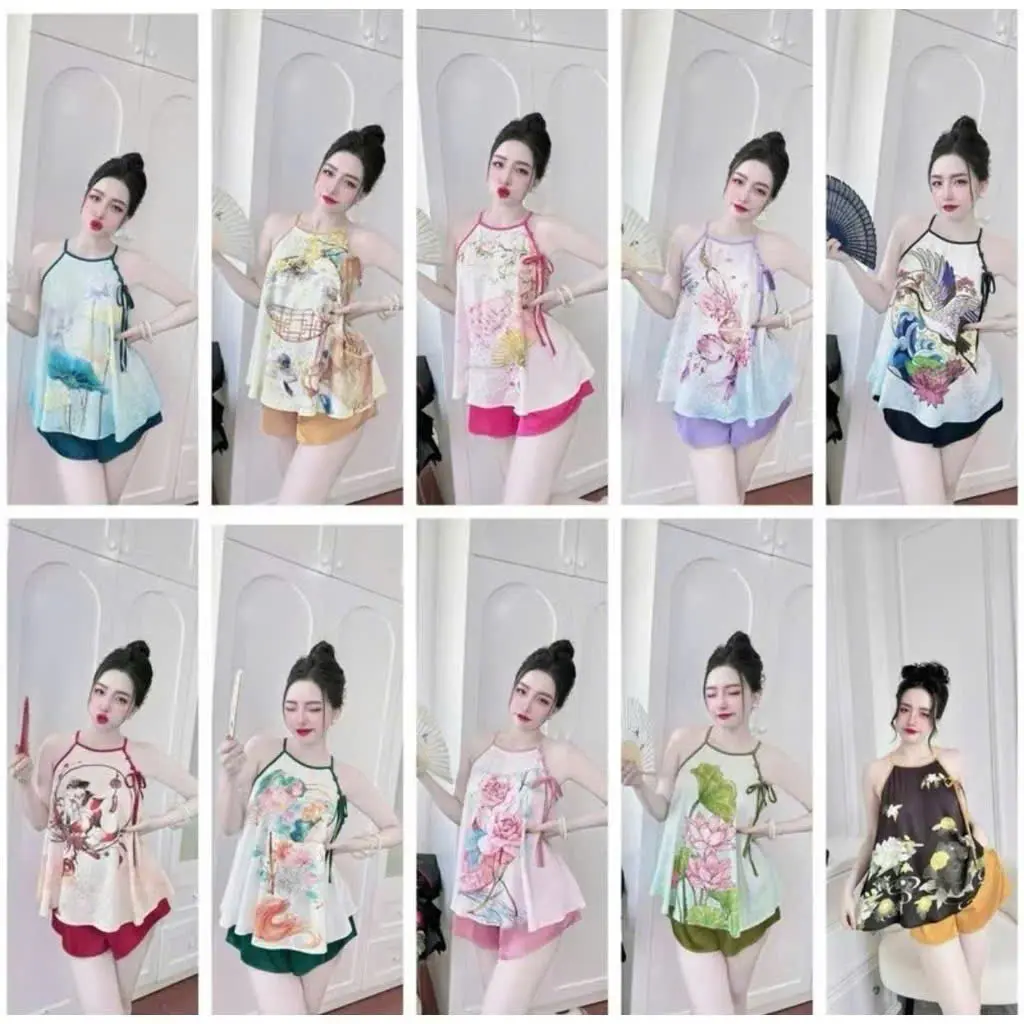 (Dưới 60kg - Hình chụp thật) Bộ áo hai dây cổ yếm satin siêu xinh cho bạn gái (Đ11)