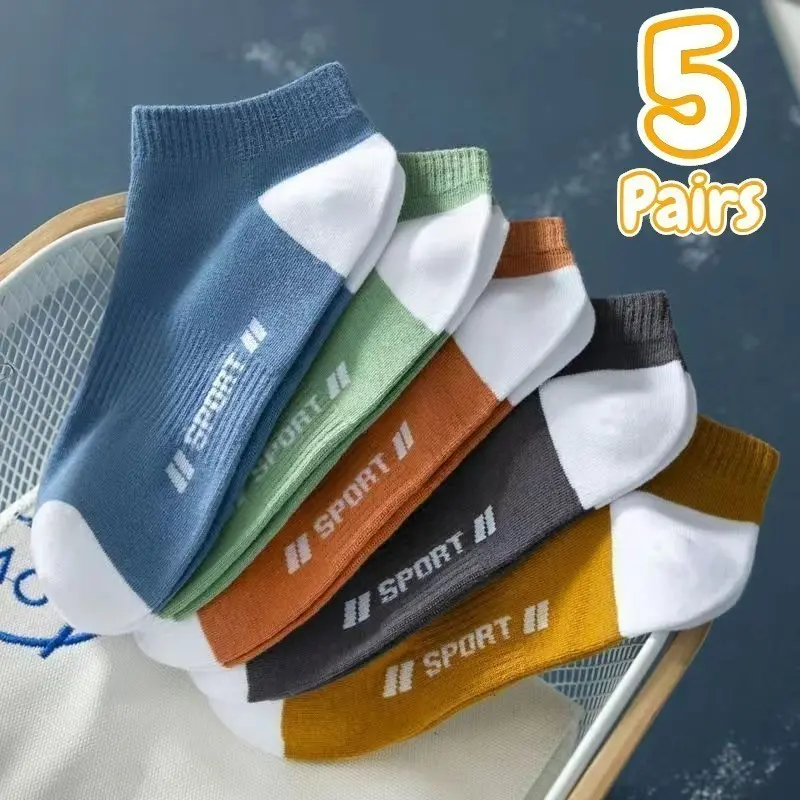 5Pairs Summer Thin Men Sports Breathable Comfortable Letter Boat Socks INS Fashion Sweat-absorbing Short Socks Male Low Cut Ankle Sock