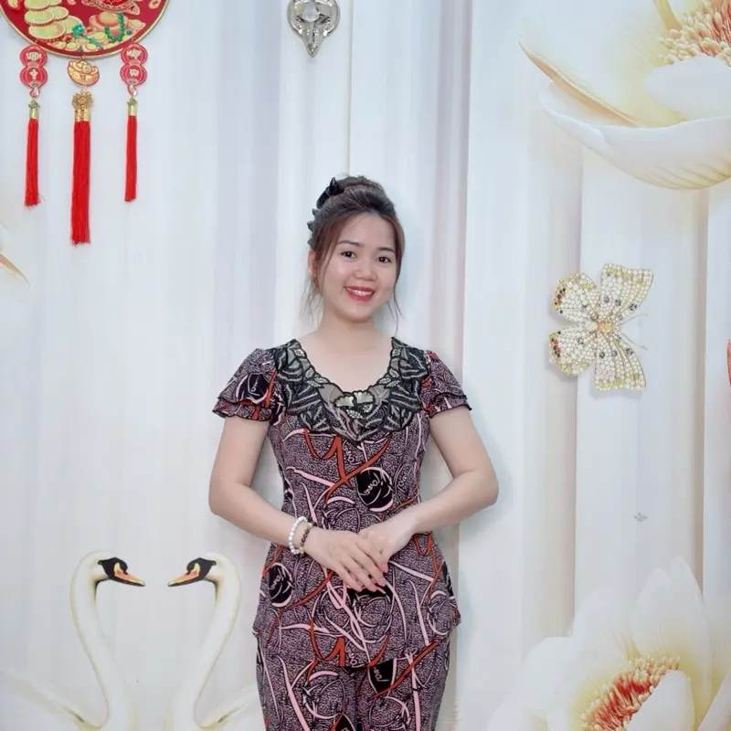 A61 Đồ bộ bông thun nữ trung niên hoạ tiết chữ love, cổ ren thương hiệu Hải Sơn Women