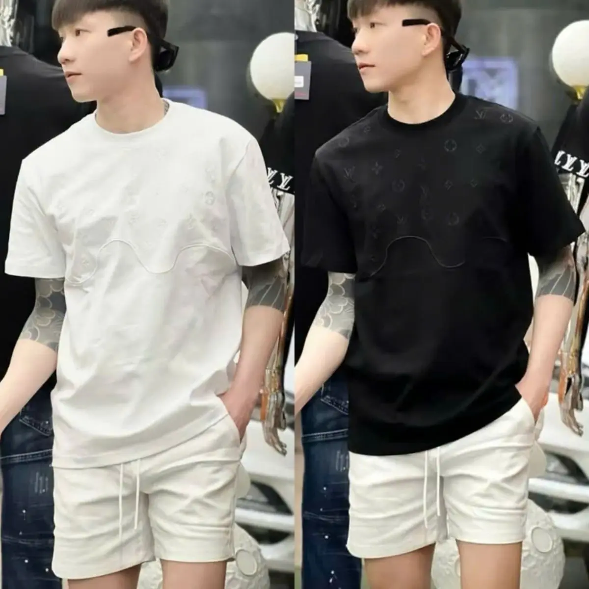 Áo thun tròn nam nữ phối họa tiết thêu chữ L ..V chất vải cotton xịn phong cách trẻ trung boy phố dễ phối đồ