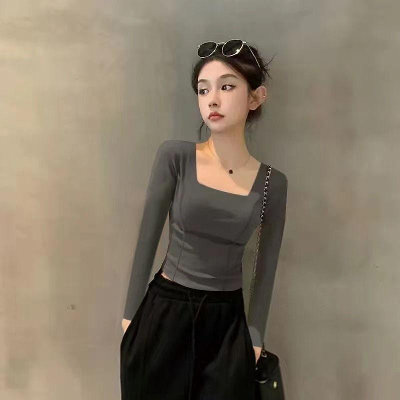 Áo Thun Dài Tay, Hàng Mới Về Mùa Thu Và Mùa Đông, Cổ Vuông, Thời Trang, Mỏng Vừa Vặn, Ngắn, Thiết Kế Xương Cá Cá Sợi, Áo Thanh Lịch, Dành Cho Nữ, Thời Trang 4