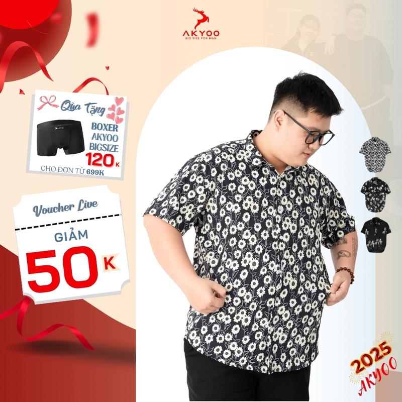 Áo sơ mi big size nam cộc tay hoạ tiết AKYOO 80 - 130kg, vải lụa cao cấp Menswear Shirt Cổ Tròn