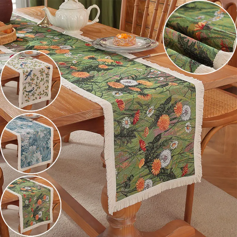 American Retro Table Runner Cloth 4 6 8 Seaters Cotton Linen Jacquard Tablecloth Mat for Dining Table TV Cabinet Center Table New Year Decor