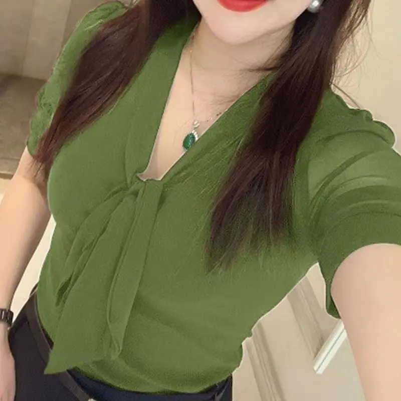 Fashionable short sleeve small shirt 2024 Summer new elegant T-shirt thin bottoming shirt Ribbon small shirt top
