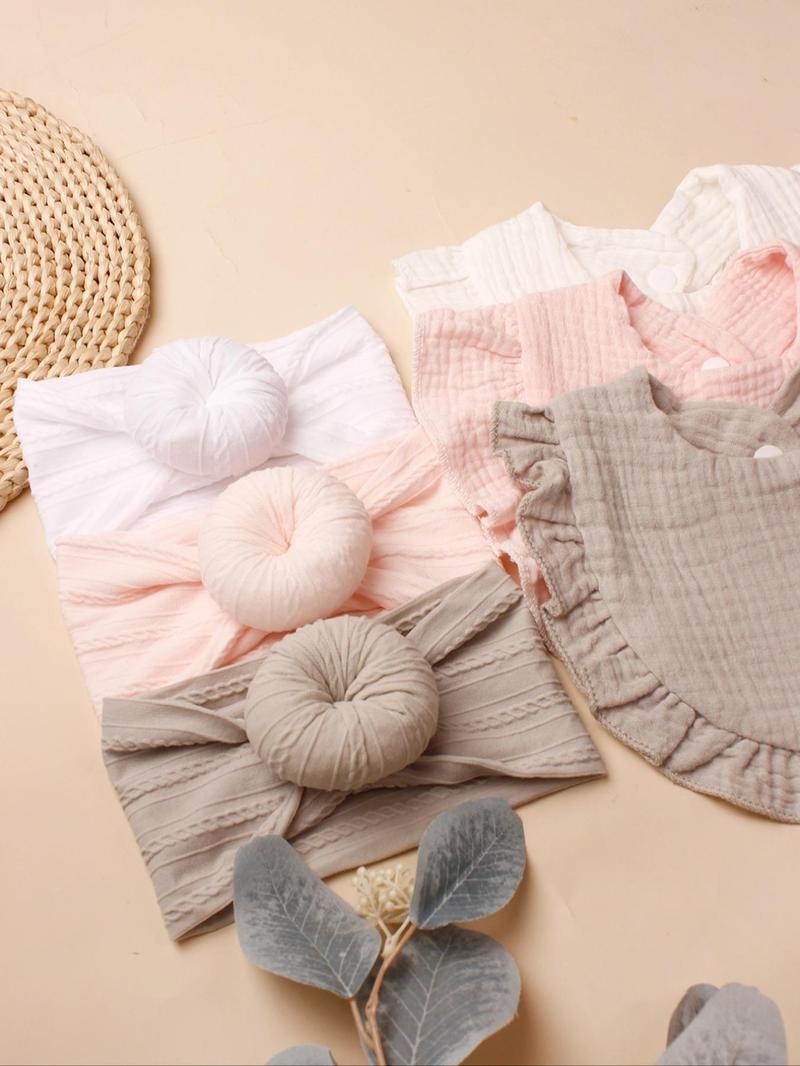 Product Introduction of Baby Hair Accessories Set, Cute Plain Hair Band & Frill Trim Button Design Bib, Newborn Infant Kids Hair Accessories Set 3