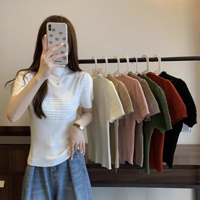 Áo len ngắn tay phồng nữ kiểu cổ lọ 3 phân dáng ôm len gân ngực viền nổi, Áo thun dệt kim tay bồng phong cách