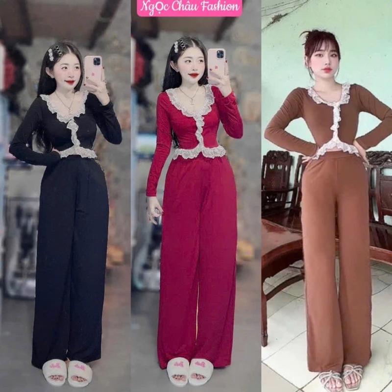 [DƯỚI 53kg] Set đồ nữ phối ren Thun Lạnh loại 1 áo tiểu thư viền bèo mềm mịn+quần suông dài S019