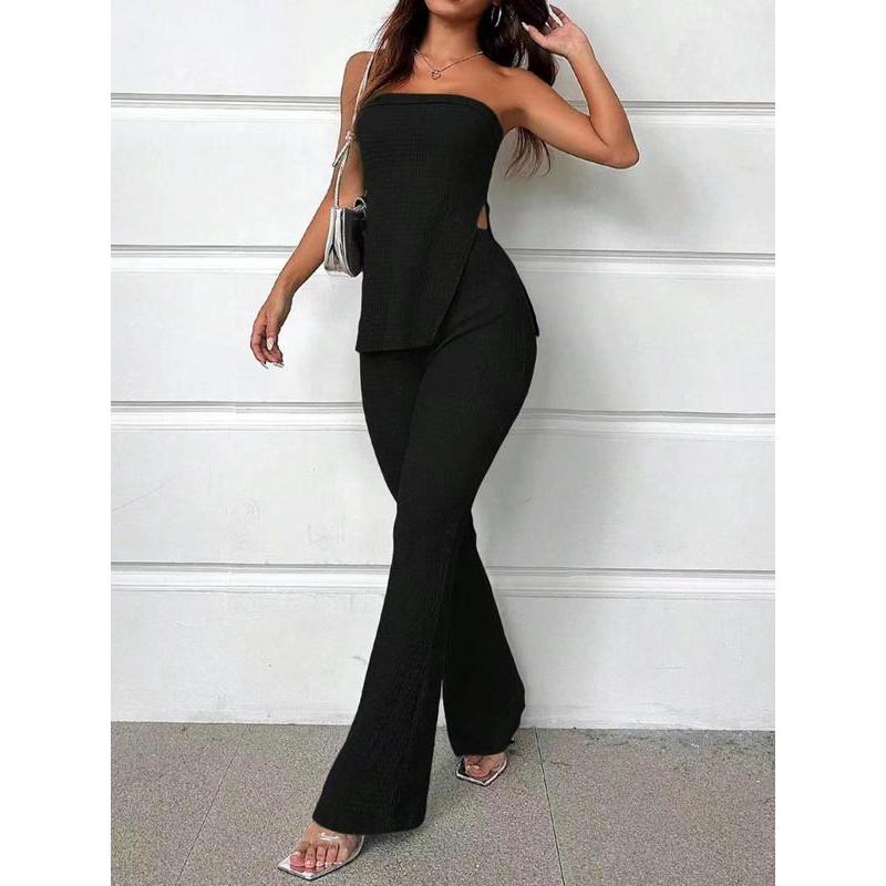 Two-Piece Set Women's Pure Color Split Hem Tube Top and High-Waisted Trousers Suit, Elegant and Fashionable Casual Two-Piece Suit Everyday Outdoor Wear Clothes Womenswear Gamis Comfort 1