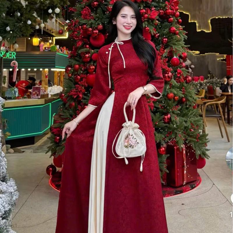 Áo dài truyền thống MINH KHUÊ chất liệu gấm cổ lệch phối nơ tay lỡ 6