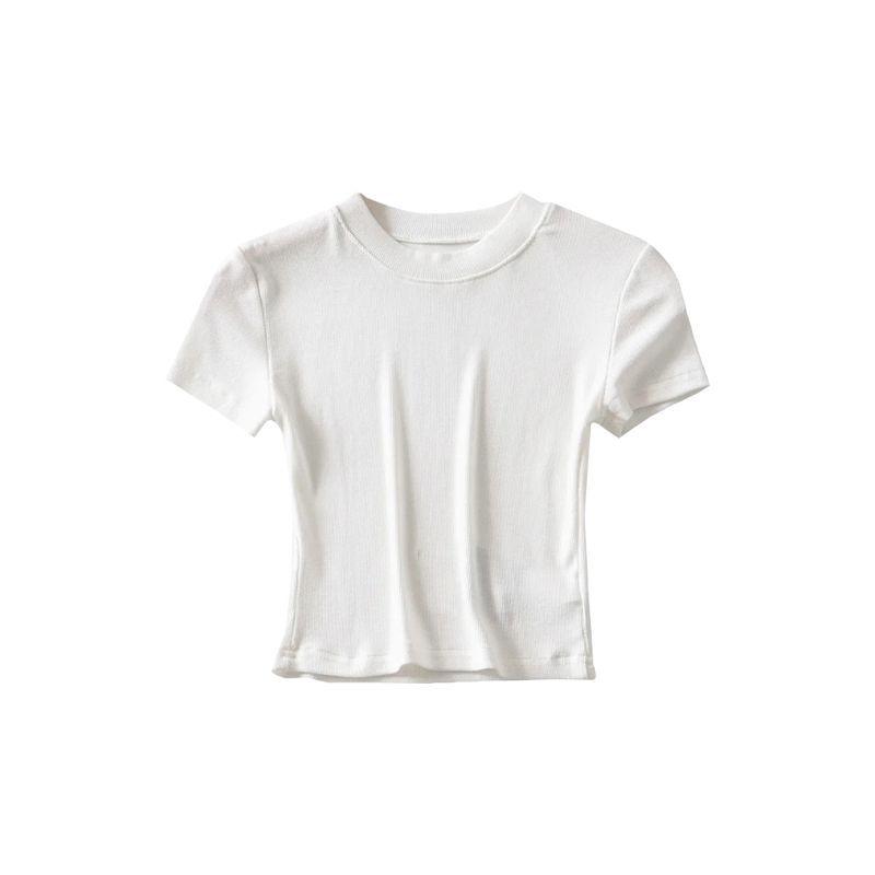Summer New European and American Basic Style Small round Neck Cropped T-shirt Stretch Tight Short Sleeve Bottoming Top for Women Lingerie Lady Streetwear Casual Minimalist Womenswear Comfort 2