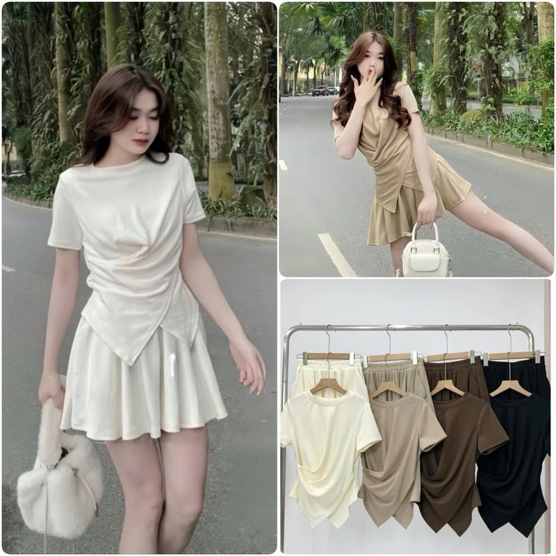 Sét Bộ Gồm Áo Xoắn Eo Cộc Tay Kèm Quần Ống Xoè (SB1) Nữ