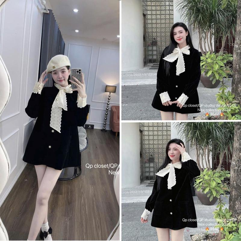 Váy Đầm Nhung Cổ Nơ Phối Ren Nổi Thanh Lịch Dành Cho Nữ Phong Cách Hàn Quốc - By BN TRENDY