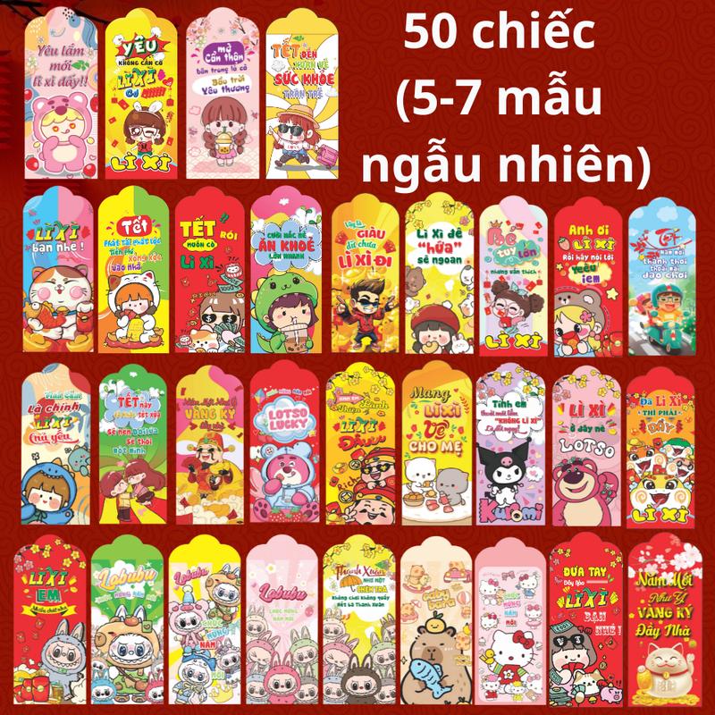 Set 50 Phong Bao Lì Xì Tết 2026 Hot Trend Tặng Kèm Túi Bóng Kính