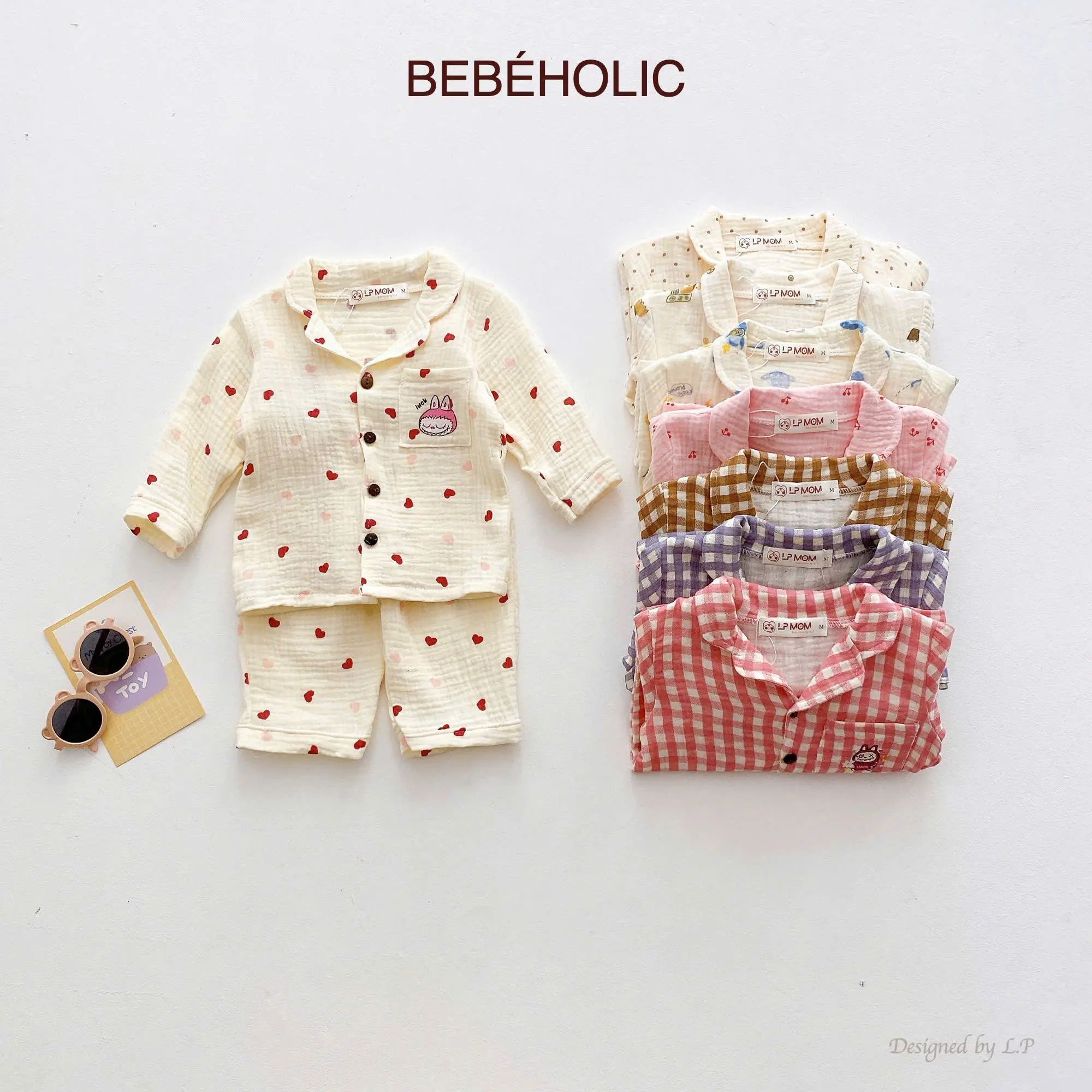 Bộ ngủ Pijama cho bé trai bé gái từ 6-15kg chất liệu musslin cotton, đồ ngủ dài tay cho bé in hình Labubu cực xinh