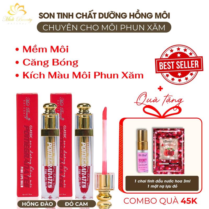 [Kèm Quà Tặng] Son Tinh Chất Dưỡng Môi Có màu: Dưỡng ẩm môi mềm mịn, căng bóng môi và hồng môi. Hỗ trợ kích màu môi sau phun xăm lên màu chuẩn tone POMEGRANATES 5G Midi Beauty Natural [Thẻ Bảo Hành]