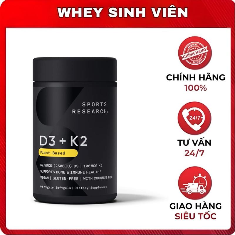 Viên uống Vitamin D3 K2 thuần chay Plant based với dầu dừa MCT Sports Research tại WheySinhVien Vn