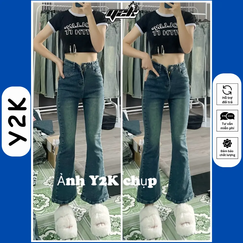 (LOE NẤM LÙN) Quần Ống Loe 9 Tấc Jean Trơn Cho Nữ Nấm Lùn 90cm Lưng Cao Bò Màu Xanh Rêu 1m40 1m45 1m48 1m50 Y2K Women Pants jeans