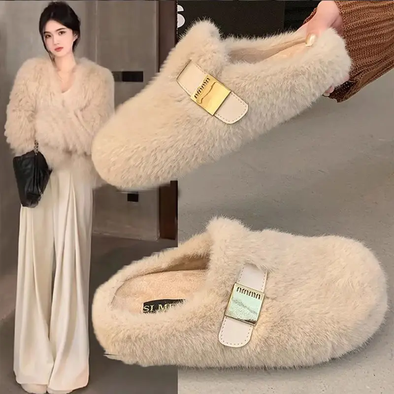 Dép Lười Nửa Bít Mũi Lót Lông Cừu, Dành Cho Nữ, Thích Hợp Cho Mùa Thu Và Mùa Đông, Có Thể Mặc Ngoài Trời, Giày Doug Lười, Dép Bông Muller Hở Lưng, Hàng Mới Về 2024