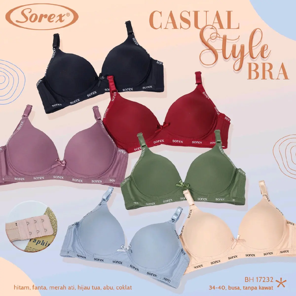 2PCS SOREX BRA TANPA KAWAT 17232 3/4 Coverage