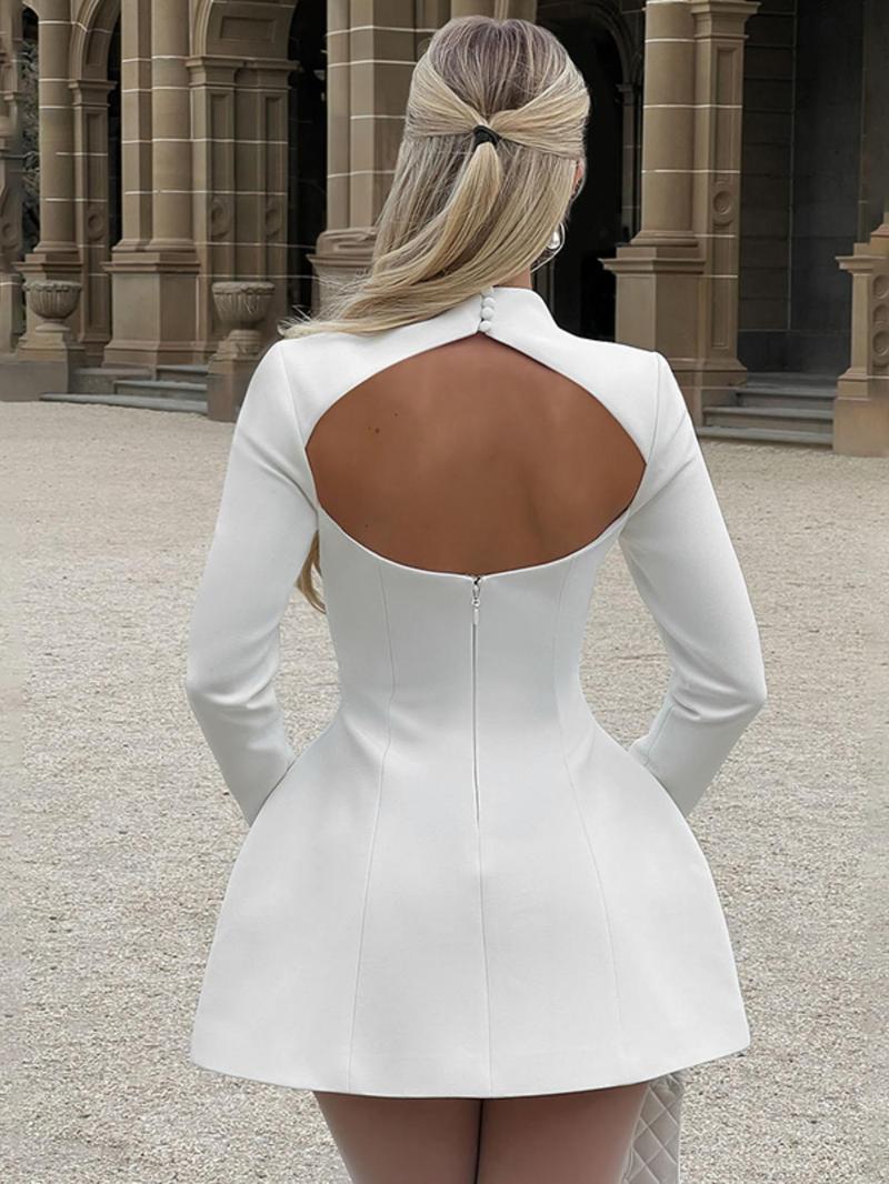 Product Introduction of Women's Plain Backless Button Decor A Line Dress, Elegant Long Sleeve Stand Collar Zipper Back Short Dress for Party Holiday Wedding Guest, Ladies Spring & Fall Clothes, Dresses for Women, Classy Modest Dresses 2