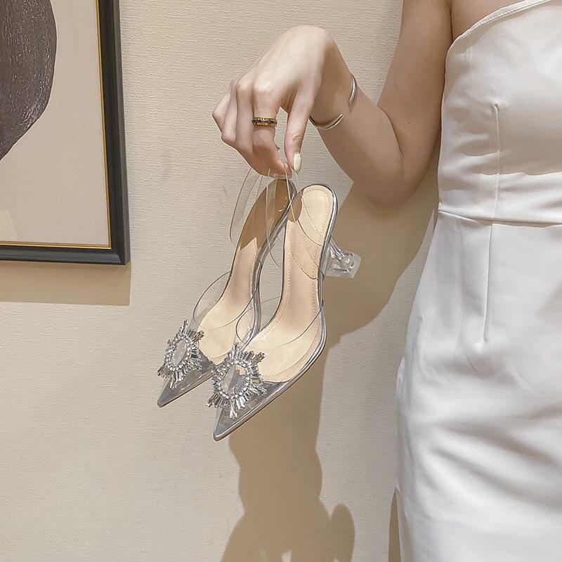 [Form Nhỏ] Giày cao gót  bling bling mặt trời 7cm, quai sau mik trong suốt siêu êm mềm, Guốc cao gót nữ mũi nhọn- Mã D7  Shoes