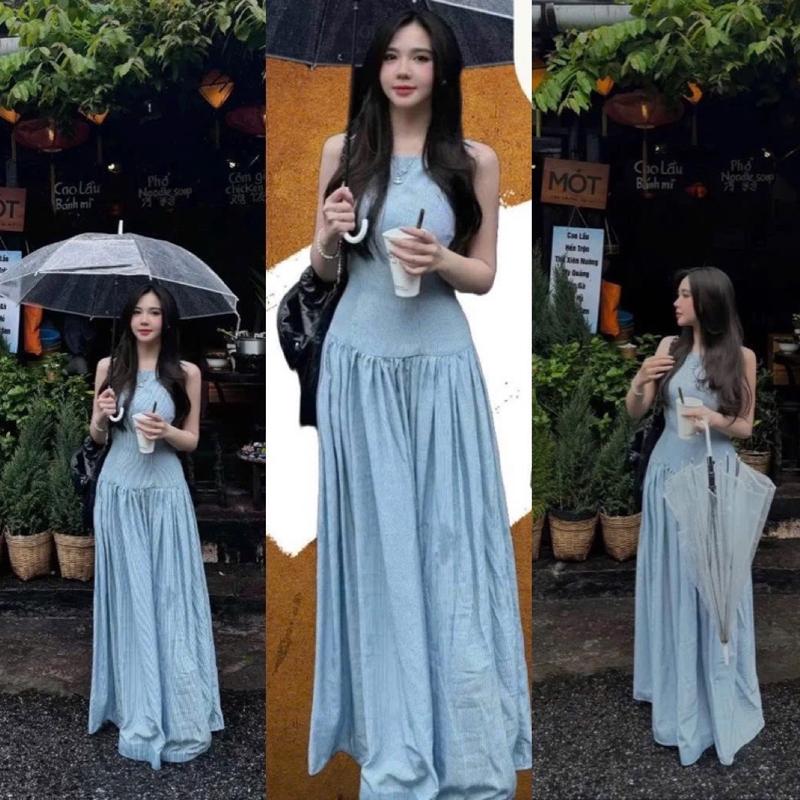 Váy maxi SÁT NÁCH kẻ sọc dáng dài phong cách nhẹ nhàng tiểu thư ( váy 2 lớp)