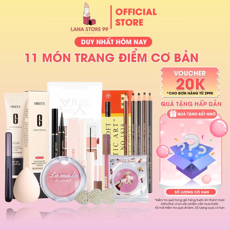 11 Món trang điểm cá nhân cơ bản (1 kem nền lameila svmy, 1 mascara, 1 son pinkcoco, 1 kẻ mắt, 1 kẻ mày ,1 phấn mắt, 1 phấn má hồng, 1 cọ tán son, 1 gương, 1 mút tán, 1 kẹp ) Cosmetic Mỹ Phẩm Nữ Son Kem Son Môi Women Phấn Phủ Perfume
