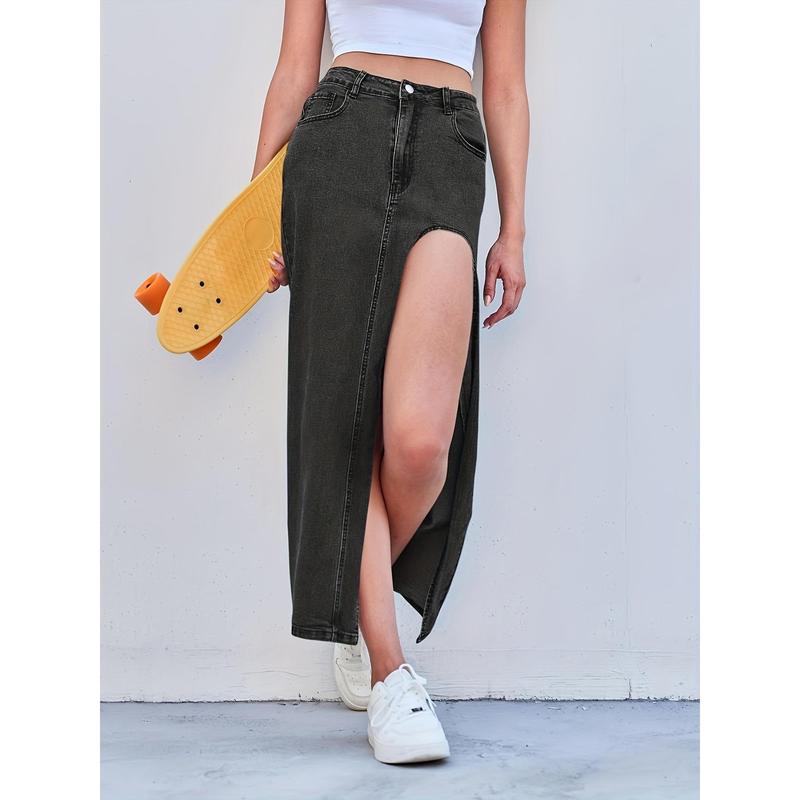 TikTok Shop new Women s Sexy High Waist Denim Skirt Split Zip Up Jean Skirt Casual Maxi Skirt With Pockets