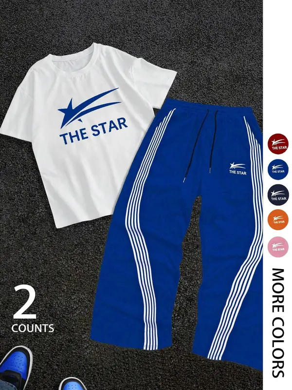 Two-Piece Set Men's Letter Print Short Sleeve Tee & Tracksuit Legging Set, Regular Fit Round Neck T-shirt & Striped Print Pants, Casual Fashion Breathable Men Two-piece for Gym Workout Running 4