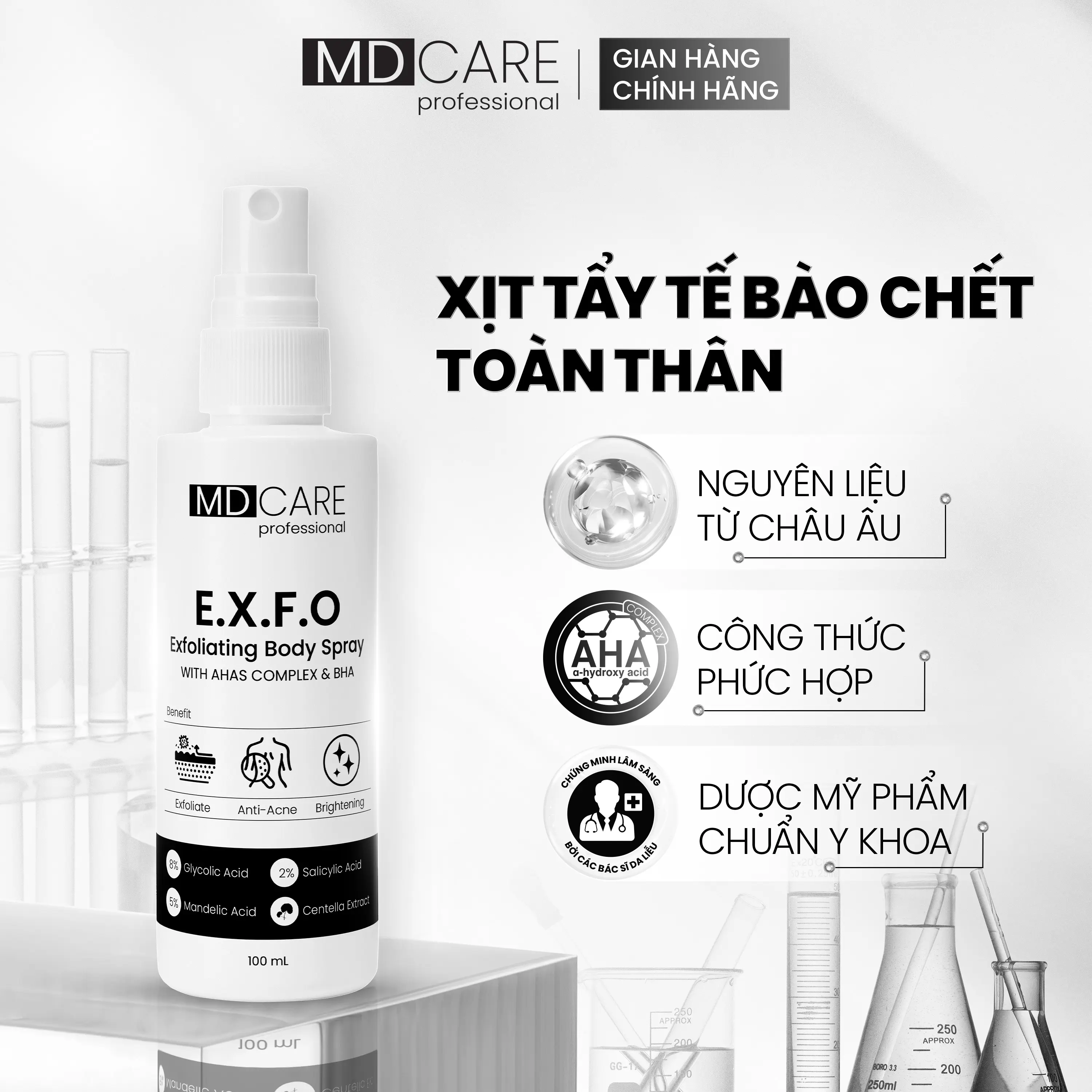 [CHÍNH HÃNG] Xịt Tẩy Tế Bào Chết Toàn Thân AHAs & BHA MD CARE Exfoliating Body Spray 100ml