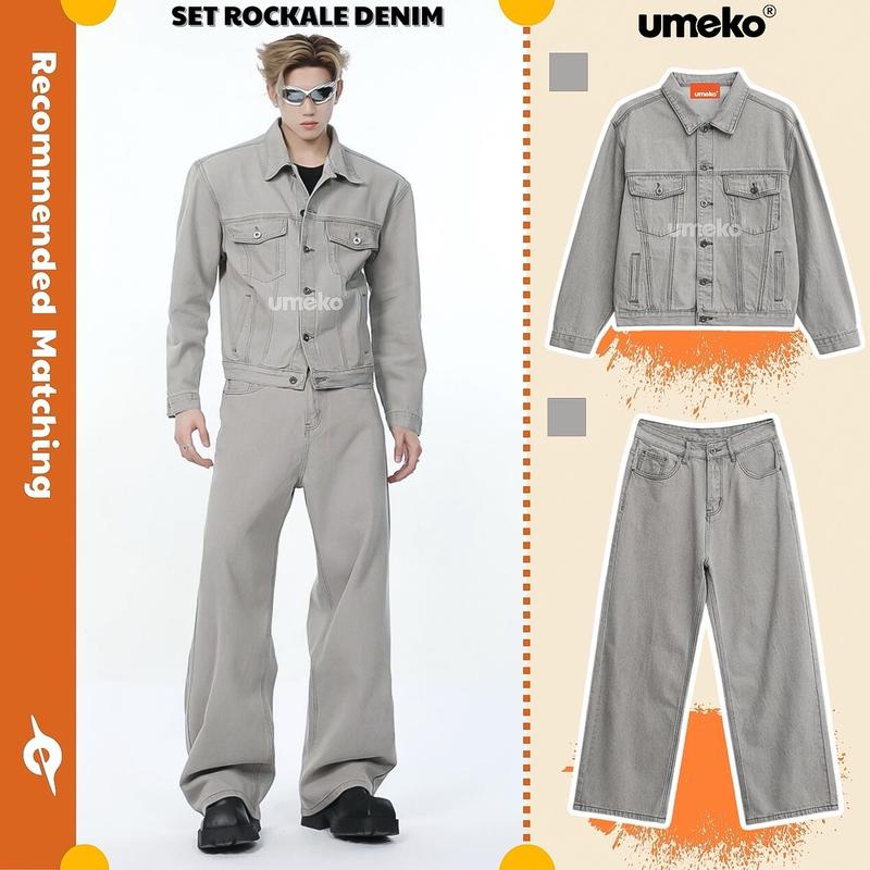UMEKO Set ROCKALE Denim Unisex Gồm Áo Khoác Jeans Form Boxy Màu Xám Khói Và Quần Jeans Form Suông Ống Rộng Màu Xám Menswear